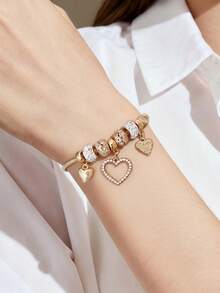 1 chiếc vòng tay trang trí hình trái tim vàng và hạt cườm dành cho bé gái, thích hợp để đeo hàng ngày. - Vàng - Xem 4