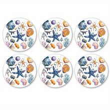 6-Piece Set Of Round Cork Coaster With Sponge Insert, Ocean-Themed Shell Pattern Beverage Tray. Perfect For Beach Enthusiasts And Summer Home Decor. - Multicolor - View 3