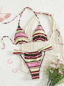 Ensemble de bikini sexy minimaliste chic pour femmes, deux pièces, imprimé rayé, bikini à col ras-du-cou avec liens, pour la plage, les vacances, les sorties, nouvelle arrivée printemps/été - Bande verte de café - Voir 2