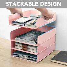 Desk Organizer, Office Organization And Storage, Plastic Letter Tray, Stackable File Organizer For Classroom, Home, Documents, Notes, Folders, Books And Pens, 4 Tier - Pink - View 4