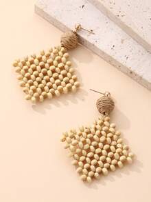 一对简约天然木珠手工编织方形几何耳环，适合日常通勤、百搭以及海岛度假。 - 原木色 - 查看 4