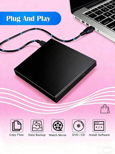 Portable External CD/DVD Burner - USB 3.0 Type-C External DVD-ROM Drive, Rewritable Optical Disc Recorder Suitable For Laptops & Desktops, Supports HDTV/Car/Home Use, Portable CD DVD Player For Travel