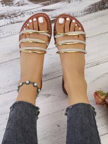 Women's Criss-Cross Rhinestone Decor Contrast Color Slip-On Flat Sandals, Beach Resort Avant-Garde Bohemian Casual Sexy PU Leather Rhinestone Ladies Flat Sandals, Summer - Gold - View 8