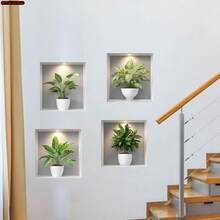 4片装2D打印盆栽植物墙贴，可移除逼真绿色植物墙贴，防水装饰，适用于客厅、卧室和玄关墙面 - 均碼 - 查看 6