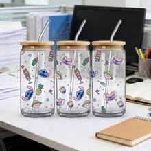 Disney 1个玻璃杯，印有可爱的史迪奇和天使图案，防漏设计，带吸管，容量480毫升，盒装，带有防伪码 - 史迪奇和安琪 - 查看 3