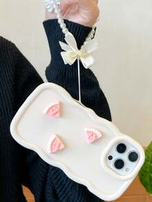 1pc Ins-Style Wavy Edge Cake Phone Case • Niche Design With Pearl Bow Chain Shockproof, Anti-Slip & Scratch-Resistant Phone Case | Exclusive For IPhone 17 Pro Max | Compatible With IPhone 17/16/15/14/13/12/11 Series, S20-S25 Series, Note 14/13/12 Series & A56 5G | Perfect Valentine's Day / New Year Gift. - White - View 4