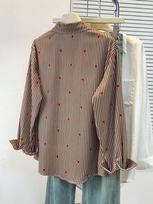女士心形印花 Polo 领条纹衬衫 - 休闲纽扣长袖衬衫，适合春、夏、秋季日常穿着 - 咖啡棕 - 查看 4