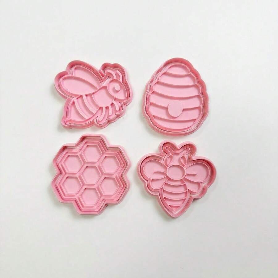 1/4 Set, Cute Bee Honeycomb Cookie Cutter With Stamp (3.3-3.5 Inches) - Adorable Baking Tool For Decorating Cookies, Cupcakes And Party Desserts, 1 Set (1 Frame + 1 Stamp) - Pink - View 1