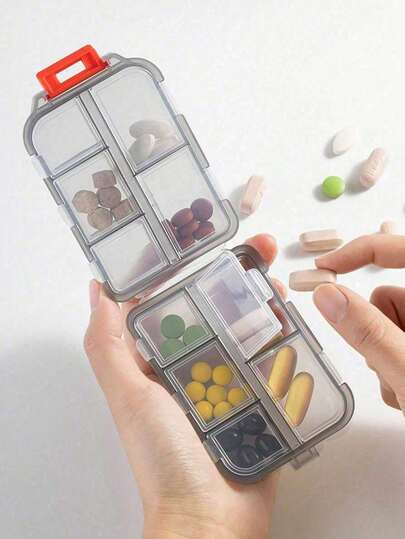 1个便携式药盒，防潮药盒，旅行必备，可重复使用，药片收纳盒，口袋药盒，钱包式维生素鱼油分隔盒，药品储存盒，适合户外露营、徒步旅行、钓鱼、登山等活动，防潮。