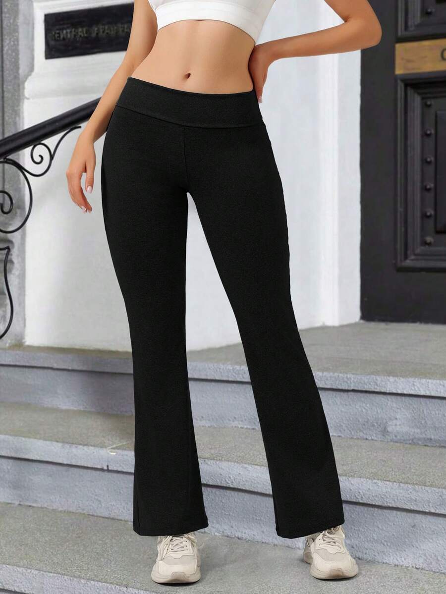 一件装春夏秋冬休闲喇叭瑜伽裤，双层可折叠腰部设计 - 黑色 - 查看 1