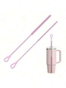 4个可重复使用的硅胶吸管清洁刷，2包长柄吸管清洁器，适用于杯子、瓶子和可重复使用的吸管，易于清洁（粉色） - 彩色 - 查看 2