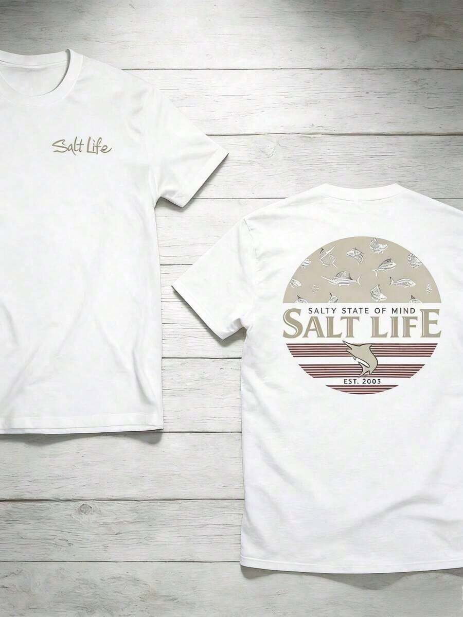 The "Salt Life" T-Shirt, Featuring A Print Of Near-Shore Fish, Is Ideal For Ocean Lovers And Beach Adventurers. Print Y2K Crew Neck T Shirt For Women, Holiday, Vacation, Spring, Festival,Graphic Tees,Vintage T Shirts,Free Shipping,100% Cotton - 白色 - 查看 1