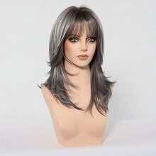 Fashionable Black & Gray Wig With Bangs, Ombre Layered Synthetic Fiber Wig, Suitable For Daily Wear - Gray Ombre - View 3