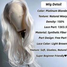 Platinum Blonde Wig Natural Wavy Synthetic Hair Lace Front Wig Long Curly Colored White Blonde Lace Frontal Wigs For Women Party - Multicolor - View 7