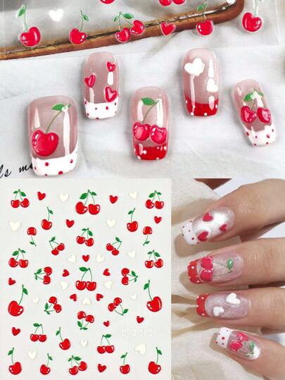 1 Blatt 5D Prägung Nagel Sticker, Kirsche Nail Art Sticker, süße Nagel Sticker, geeignet für Frauen Nail Art, passend für Frühling/Sommer und Musikfestival Partys, Frauen Nagel Dekorative Sticker