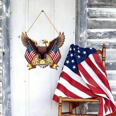 美国7月4日蓝色背景白色星星红白条纹蝴蝶结2D木质墙门窗挂饰