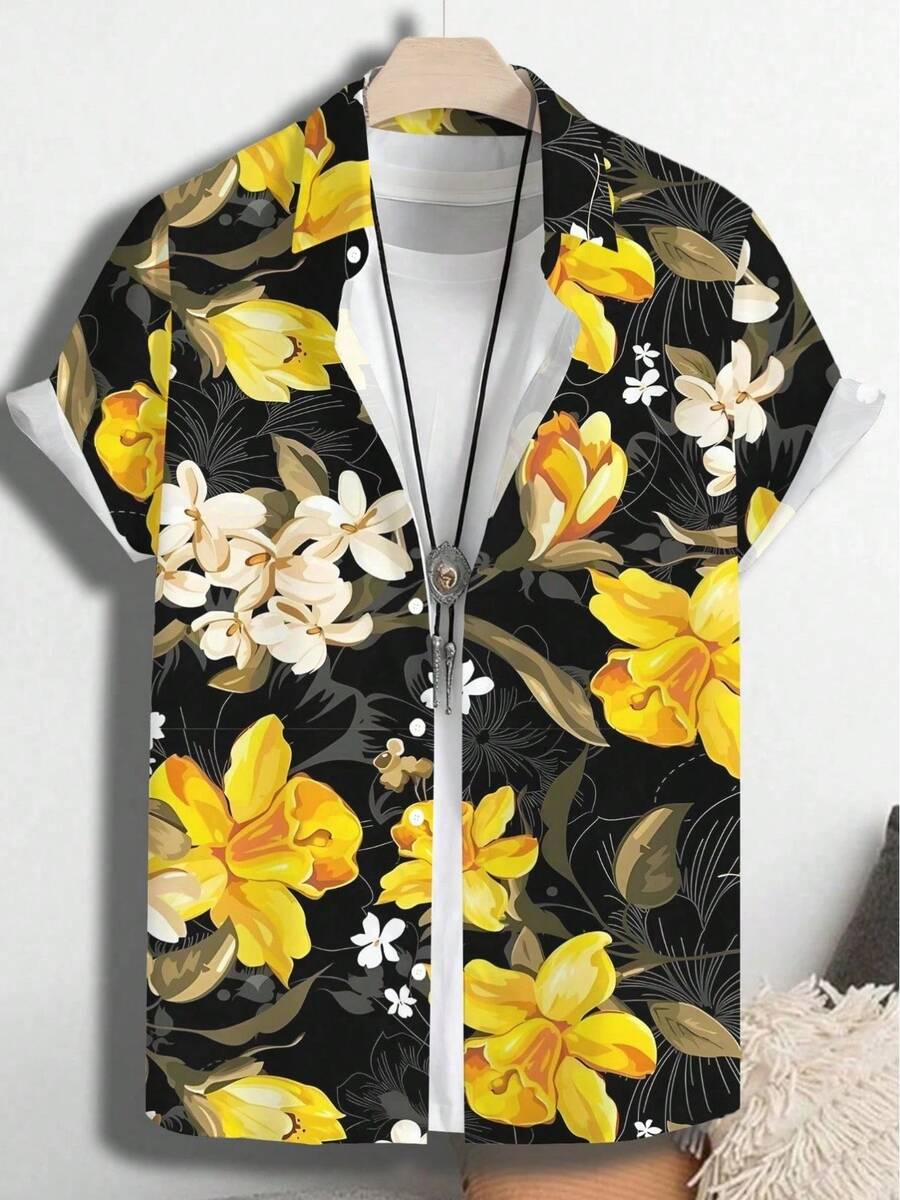 Golden Tropical Floral Pattern Symbolizes Vitality Joy And Sunshine Blooming Energy Across Black Background 3D Print Casual Short Sleeve Men Shirt Summer Beach Style - trắng - Xem 1