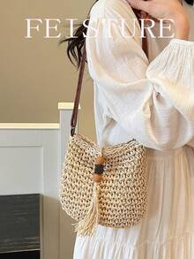 1pc FEISTURE Straw Woven Tassel Crossbody Bag, Suitable For Beach Vacation - Beige - View 5
