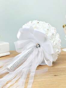 1 bó hoa trắng với ruy băng ren và điểm nhấn kim cương, bó hoa cầm tay thanh lịch cho cô dâu và phù dâu, bó hoa hồng nhân tạo, phụ kiện chụp ảnh cưới, đồ dùng đám cưới, mùa hè, bãi biển - trắng - Xem 7