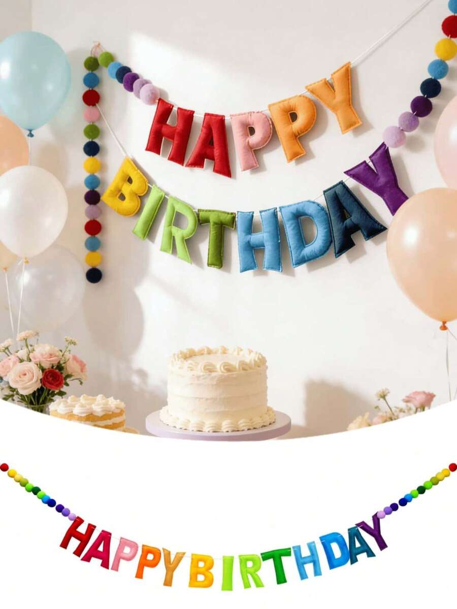 一套彩色生日快乐横幅，预串生日快乐横幅套装 - 毛毡绒球花环 - 生日快乐花环，彩虹生日装饰，生日快乐标牌，生日装饰，派对装饰，拍照道具，1个（生日）+ 24个（绒球），礼物，照片装饰，房间背景装饰横幅，拉旗 - 彩色生日快樂 - 查看 1