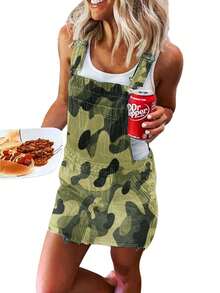 Denim Overalls Mini Dress For Women High Stretchy Adjustable Strap Jean Short Dress With Pockets, Solid Color/Camouflage/4th Of July USA Flag Print Sleeveless Suspender Dress - 軍綠色 - 查看 1
