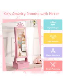 Armario joyero infantil independiente con espejo de cuerpo entero de 117 cm, luz LED, inclinación ajustable y 3 cajones de almacenamiento – Tocador organizador de joyas para niñas - Rosa Roja - Ver 3