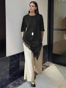 蕾丝不对称短袖T恤，复古圆领百搭休闲黑色夏季上衣 - 黑色 - 查看 3