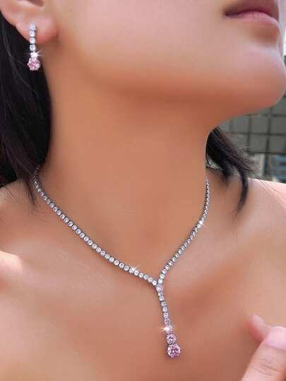1 Set Gorgeous Round Pink Cubic Zirconia Dangle Drop Wedding Party Necklace And Earrings Prom Jewelry Sets For Brides