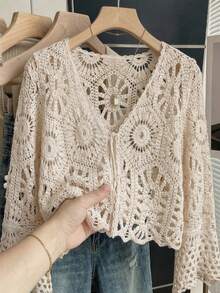 女士夏季波西米亚风钩针编织罩衫，手工镂空针织罩衫，喇叭袖设计，前系带，适合节日、海滩度假、母亲节礼物 - 杏色 - 查看 1