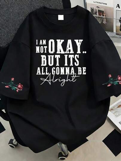 Áo thun cổ tròn in hình hoa hồng và chữ cái, cỡ lớn dành cho nữ, kiểu dáng thường ngày mùa hè, tay ngắn thời trang. Thích hợp cho kỳ nghỉ hè, đi biển, du lịch, mùa xuân, ngày Valentine.