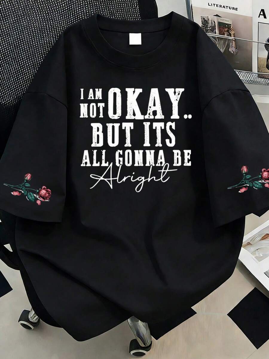 Rose & Letter Print Round Neck Plus Size Women T-Shirt, Casual Summer Black - Black - View 1