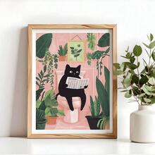1幅趣味浴室帆布海报,猫咪读报图案,厕所帆布墙画,复古猫咪图案,极繁主义墙画,浴室装饰画,帆布油画,墙面装饰礼品,无框 - 復古的 - 查看 4