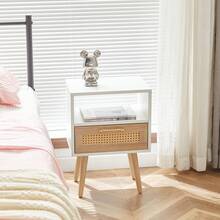 Rattan Side Table With Drawer And Solid Wood Legs, Modern Bedside Table, Side Table For Living Room, Bedroom, White - H55/W40/D30 Cm - White + Natural + Medium Density Fiberboard - View 7