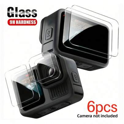 适用于Hero 13/12/11/10/9的6片装黑色高清保护膜套装，包含前后屏幕保护膜和镜头保护膜，9H硬度钢化玻璃防刮花，触感超顺滑，高清晰度，无气泡安装，A+级品质保护膜