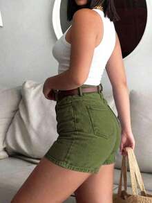 Pantalones cortos de mujer de mezclilla marrón, estilo  casual con botones y bolsillos, tela con estiramiento medio, cómodos y de moda para el verano - Verde militar - Ver 5