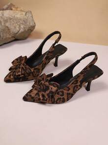 Giày cao gót mũi nhọn hở gót, họa tiết da báo, thắt nơ, thời trang nữ gợi cảm. - Cà phê nâu - Xem 5