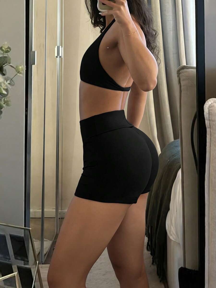 Pantalones cortos ajustados de mujer con rayas, de talle bajo, verano negro - Negro - Ver 1
