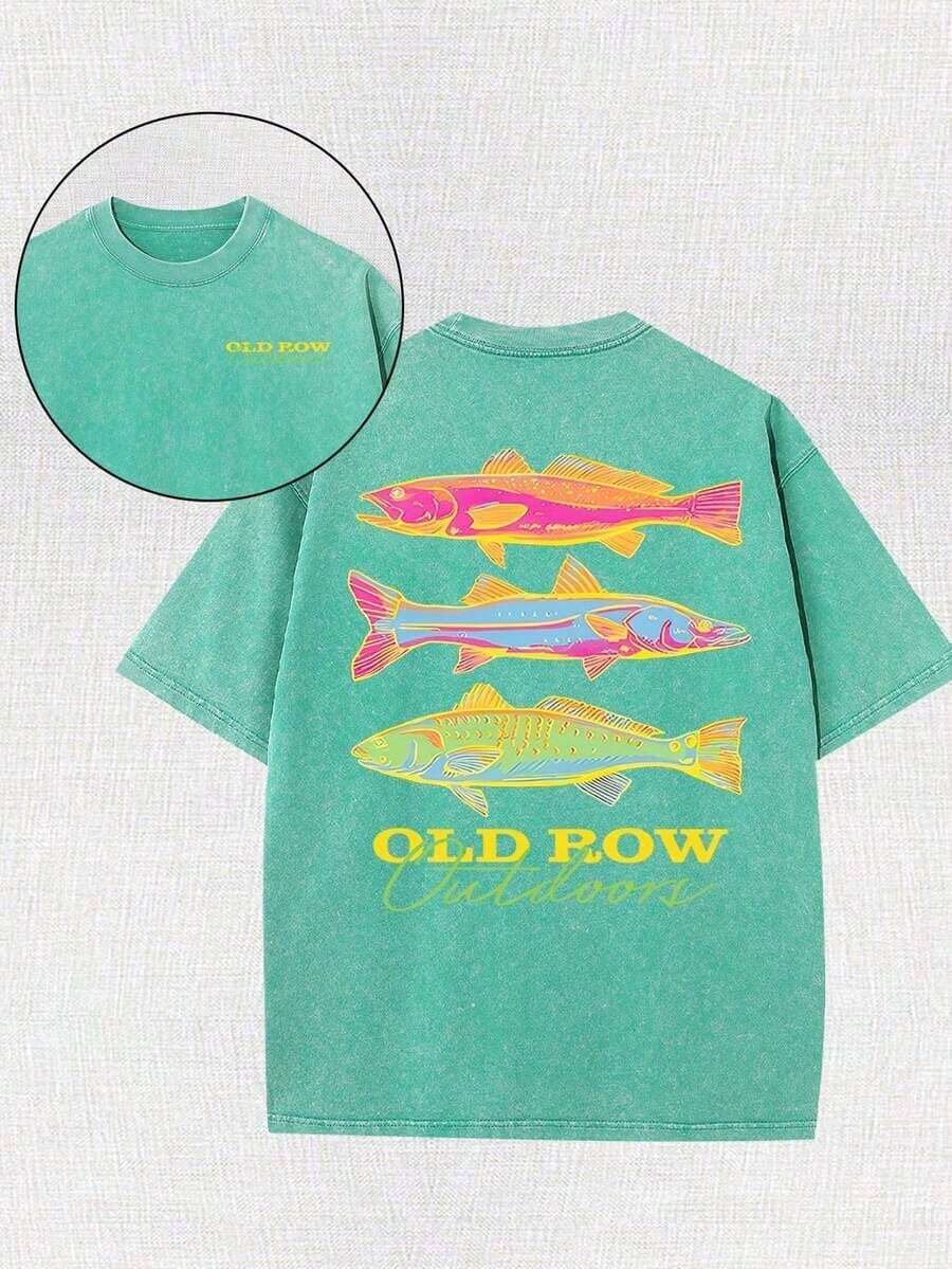 Men's Casual Summer Washed Cotton T-Shirt Old Row Outdoor Fish Print, Round Neck Short Sleeve Lightweight Knitted Fabric, Rib Details 100% Cotton - Grass Green - 查看 1