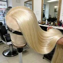 Tóc giả ren phía trước 613, tóc thật pha trộn, 13x4, màu vàng thẳng, HD, tóc giả ren trong suốt, tóc thật pha trộn, đã tỉa sẵn với tóc con, mật độ 200%, màu vàng không cần keo dán. - S613 - Xem 20