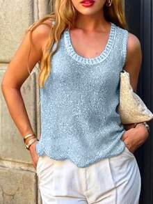 Áo tank top dệt kim không tay cổ tròn, vạt bất đối xứng, chất liệu vải xuyên thấu, bóng nhẹ, kiểu dáng thường ngày dành cho nữ hiệu Mejors, màu xanh dương mùa hè. - màu xanh nhạt - Xem 6