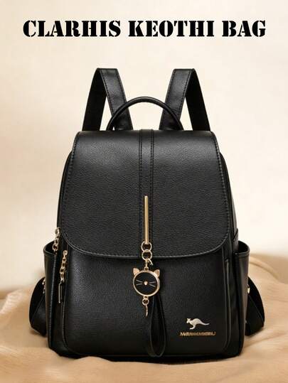 新款时尚复古学院风大容量双排扣经典背包，动物金属扣装饰设计，字母图案，时尚背包，适合开学季，适合大学购物、旅行度假、校园使用。