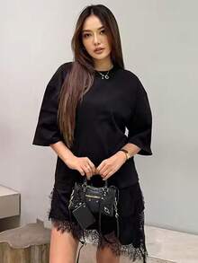 蕾丝不对称短袖T恤，复古圆领百搭休闲黑色夏季上衣 - 黑色 - 查看 4