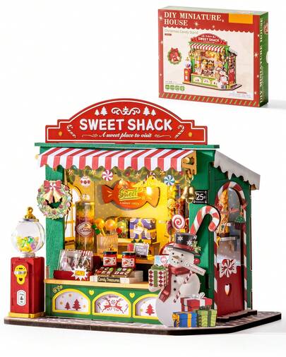 Robotime Rolife DIY 3D Wooden Puzzle Christmas Candy Shop Miniature House Kit With LED Lights, 170pcs No Glue Model, Holiday Decor Gift, Home Decor, Easter