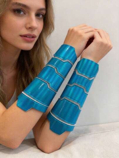 1 par de brazaletes medievales de cuero iridiscente azul con cierre de gancho y bucle, accesorio de disfraz para fiestas, actuaciones en el escenario