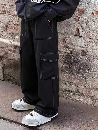 1pc Tween Boys Vintage Casual Minimalist Denim Effect Pocket Cargo Pants, Spring/Autumn