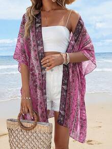 Summer Kimonos For Women Boho Floral Short Sleeve Flowy Cardigans Swimsuit Beach Cover Ups For Women - In hình hoa hồng màu hồng - Xem 4
