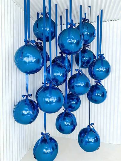 4/6pcs Blue 4D Sphere Foil Balloon Set, Includes 22-Inch Blue 4D Round Balloons, Ribbons, Suitable For Parties, Engagements, Weddings, Birthdays, Bachelor Parties, Gentlemen's Parties Decorations