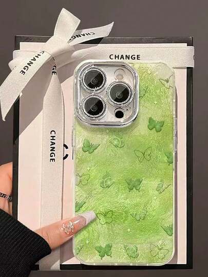 适用于 17 Pro Max 的手机壳，春夏新款女士风格，也适用于 16/15 Pro，绿色蝴蝶图案，14 Plus 小众款，13 锡箔冰川图案，12 优雅创意款
