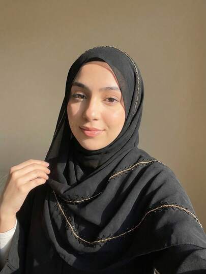 1条雪纺波西米亚风水钻几何图案纯色柔软头巾，阿拉伯休闲长围巾，保守素色头巾，适合日常使用