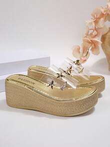 Giày sandal đế xuồng chống thấm nước kiểu dáng nghỉ dưỡng, trang trí vỏ sò, màu vàng đồng, nhẹ, tối giản, chất liệu PU, dành cho nữ. - Vàng - Xem 4